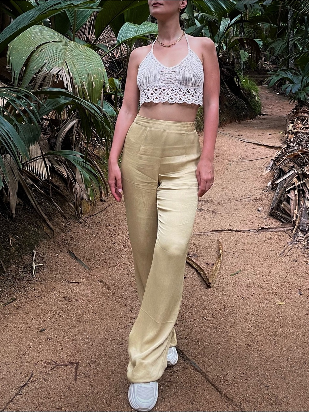 Forever Forever 21 Gold-Beige Pleated Lightweight Wide Leg Pants